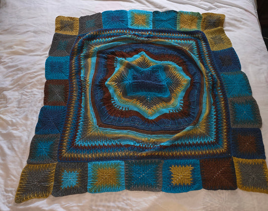 Handmade Crocheted Mandala Afghan – Intricate Blue & Gold Design