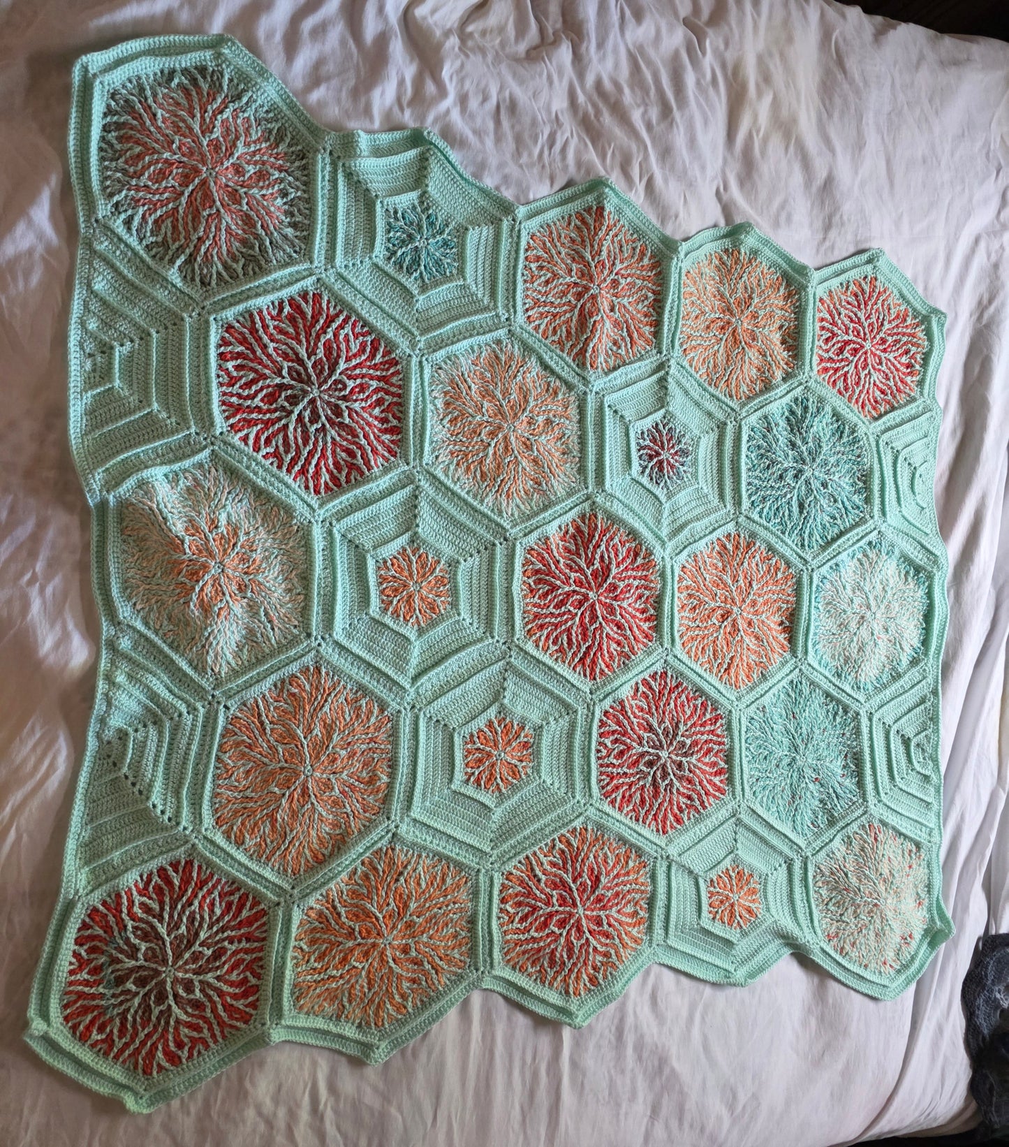Handmade Crochet Hexagon Flower Afghan – Pastel Green & Shades of Orange