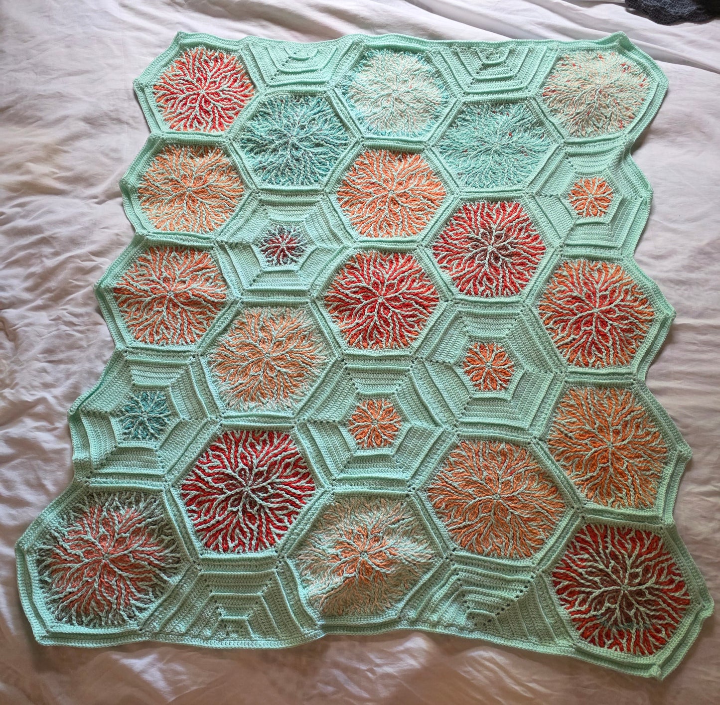 Handmade Crochet Hexagon Flower Afghan – Pastel Green & Shades of Orange