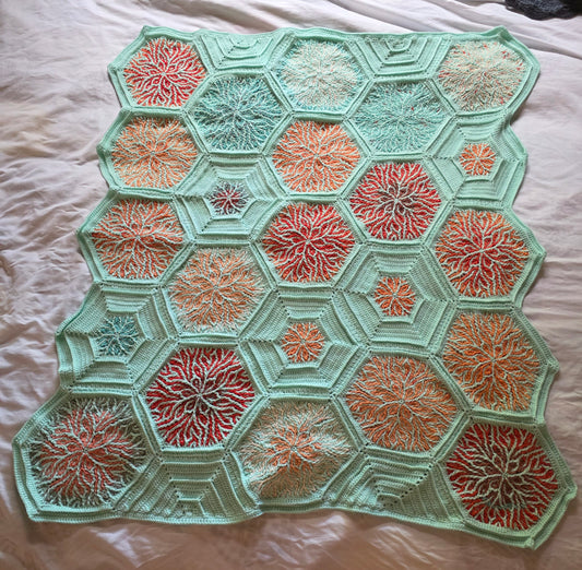 Handmade Crochet Hexagon Flower Afghan – Pastel Green & Shades of Orange