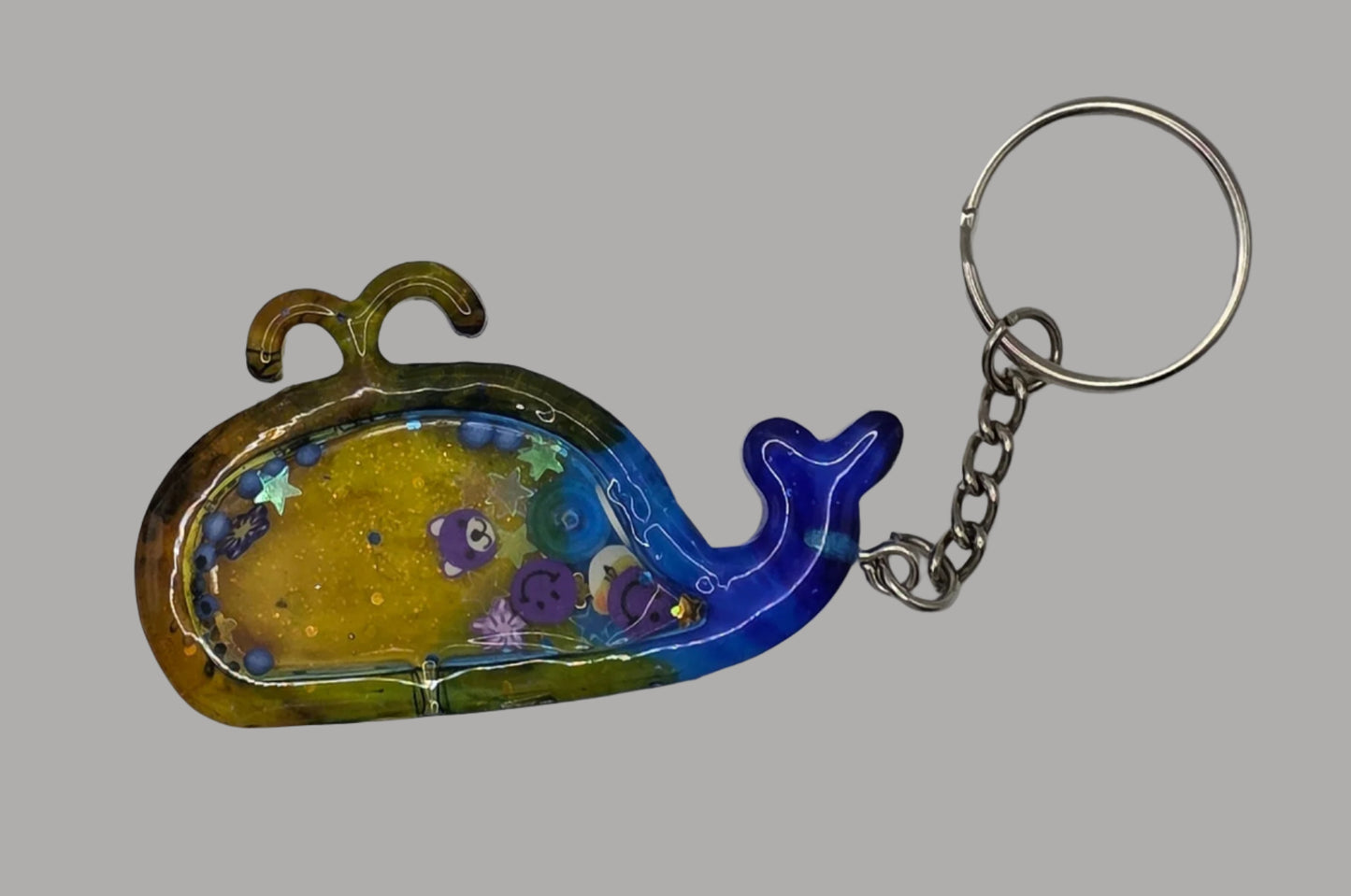 blue yellow whale shaker keychain front