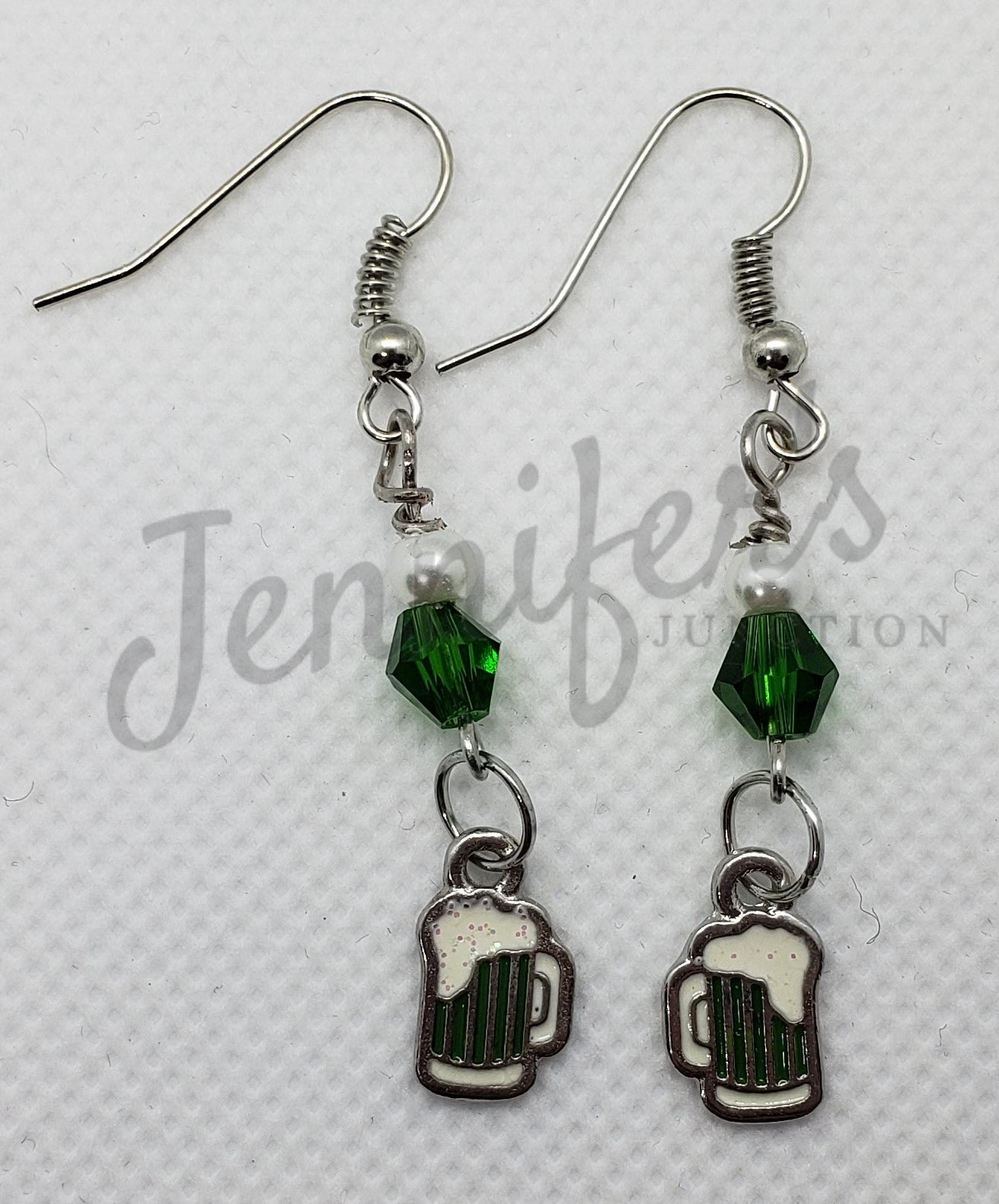 Handmade Green Beaded Earrings with Green Beer Charms