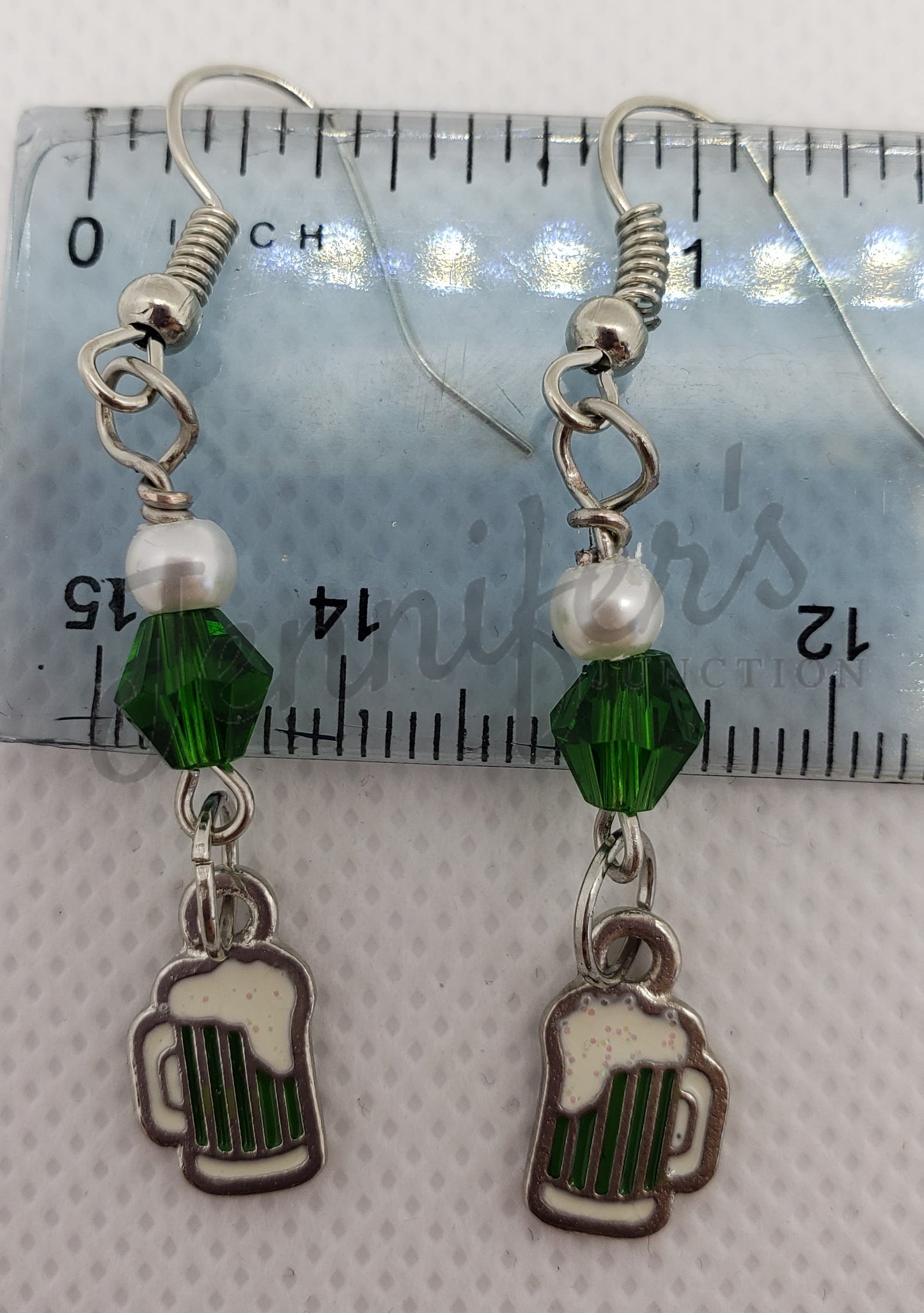 Handmade Green Beaded Earrings with Green Beer Charms