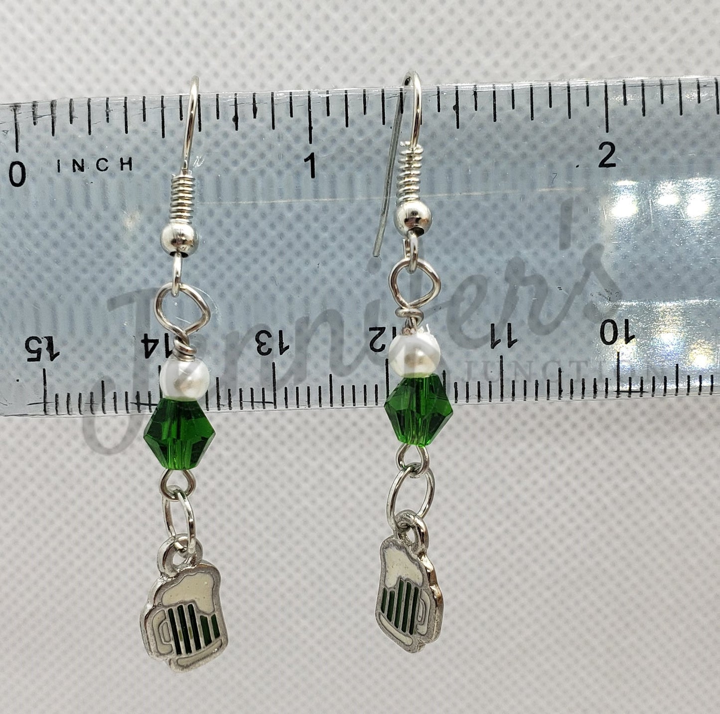 Handmade Green Beaded Earrings with Green Beer Charms