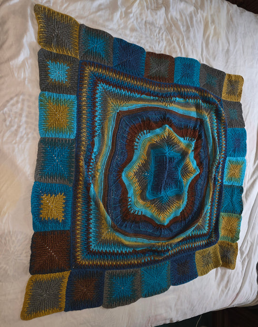 Handmade Crocheted Mandala Afghan – Intricate Blue & Gold Design