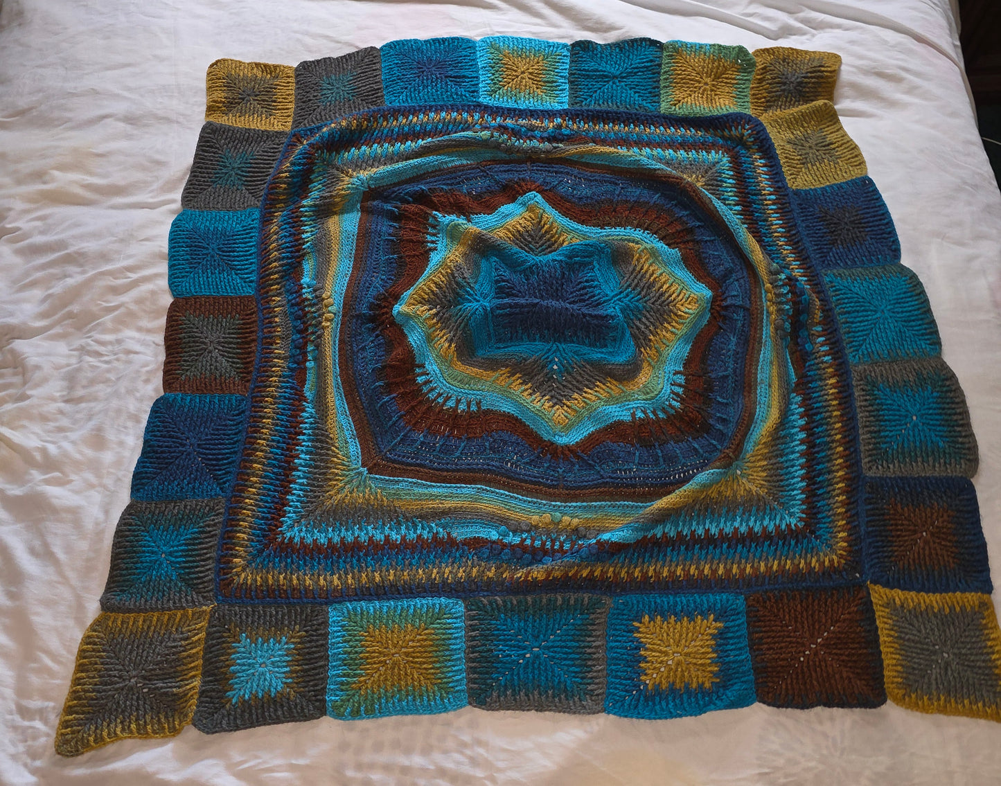 Handmade Crocheted Mandala Afghan – Intricate Blue & Gold Design