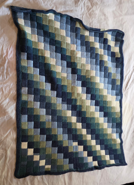 Handmade Crochet Afghan – Diagonal Stripes in Shades of Blue & White