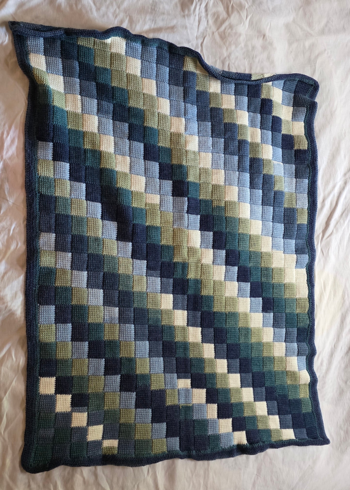 Handmade Crochet Afghan – Diagonal Stripes in Shades of Blue & White