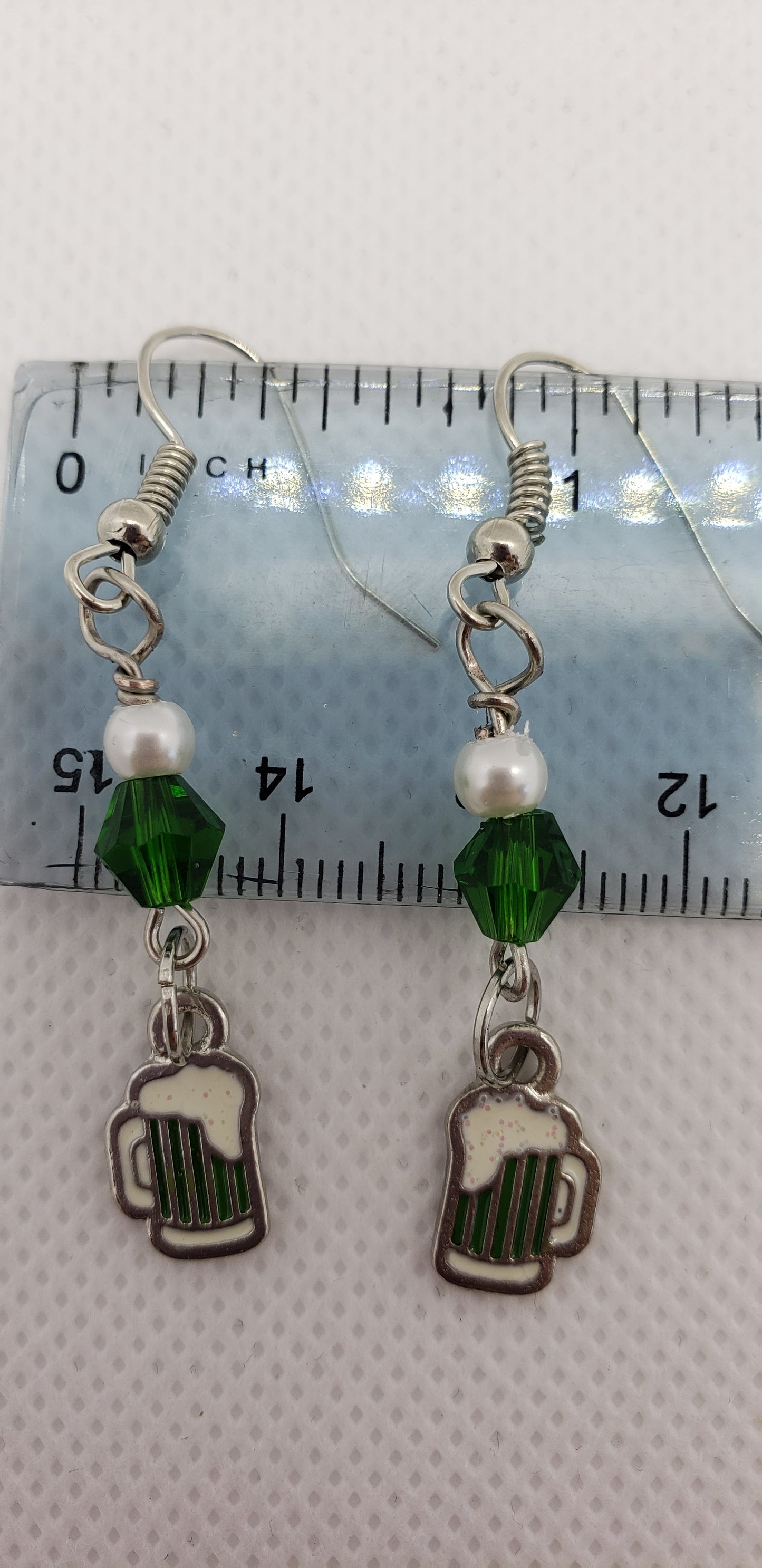 Handmade Green Beaded Earrings with Green Beer Charms