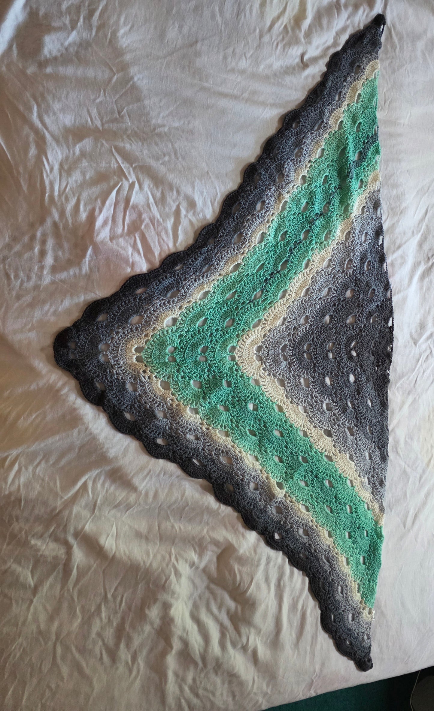 Handmade Crocheted Infinity Shawl – Grey, White & Green