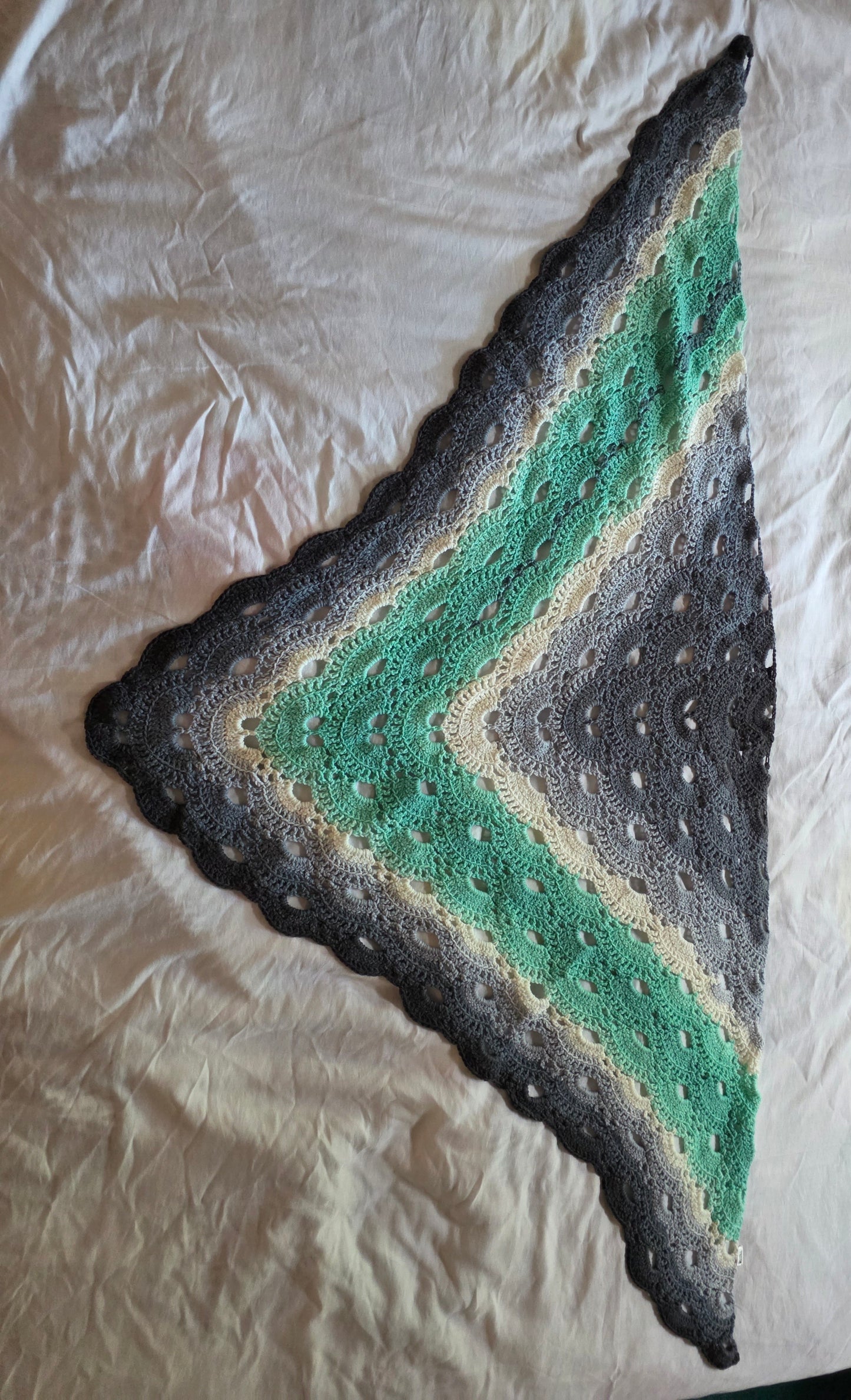 Handmade Crocheted Infinity Shawl – Grey, White & Green