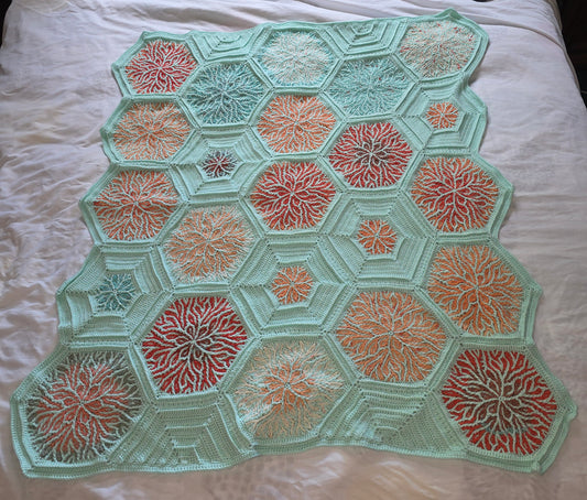Handmade Crochet Hexagon Flower Afghan – Pastel Green & Shades of Orange