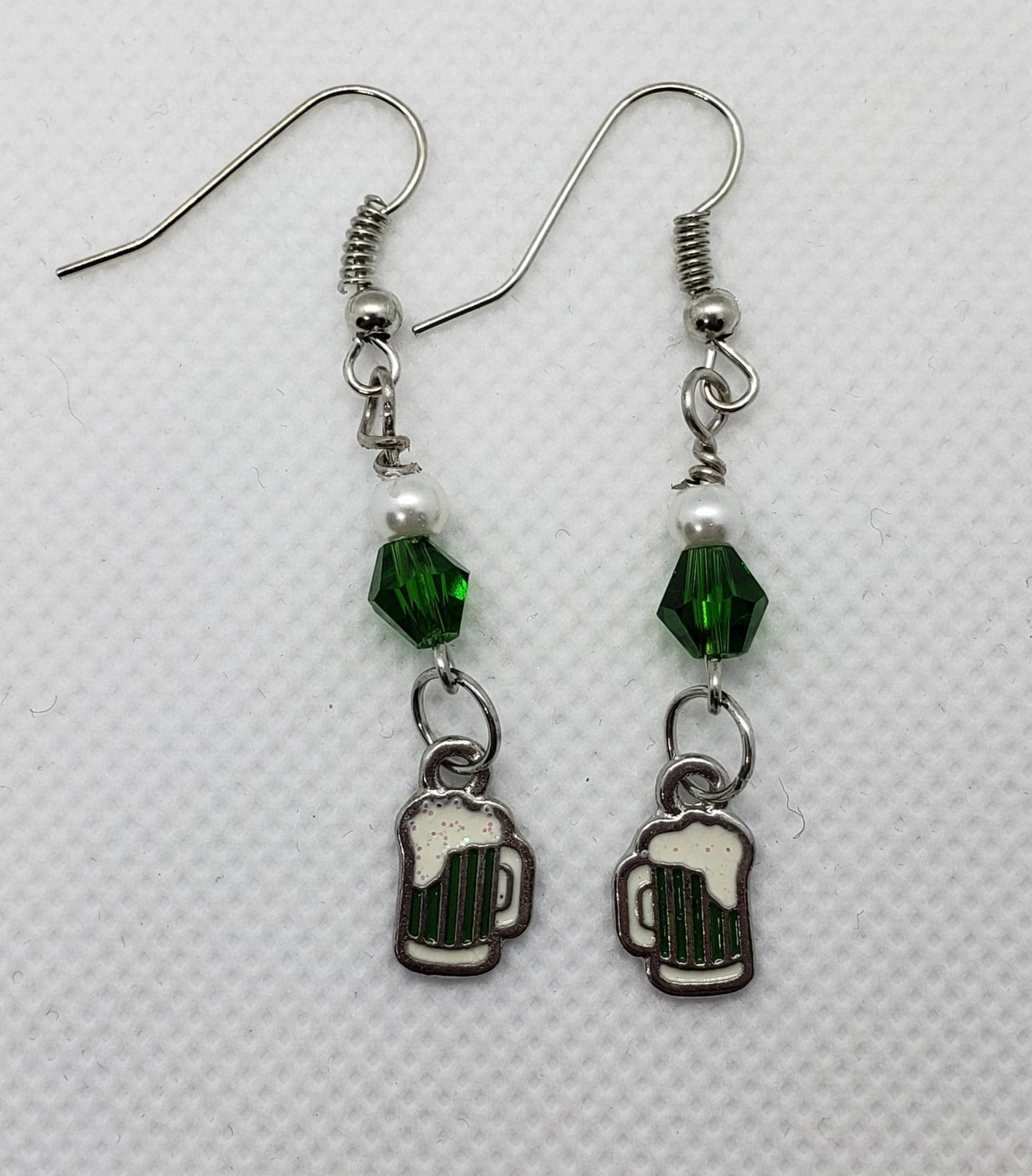 Handmade Green Beaded Earrings with Green Beer Charms