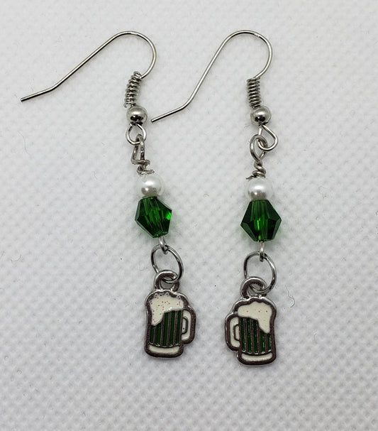 Handmade Green Beaded Earrings with Green Beer Charms