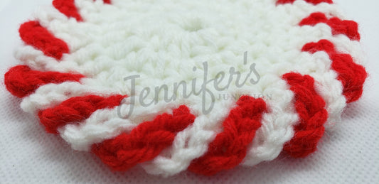 Crochet peppermint candy heart with red and white stripes on a white background, featuring 'Jennifer's' branding.